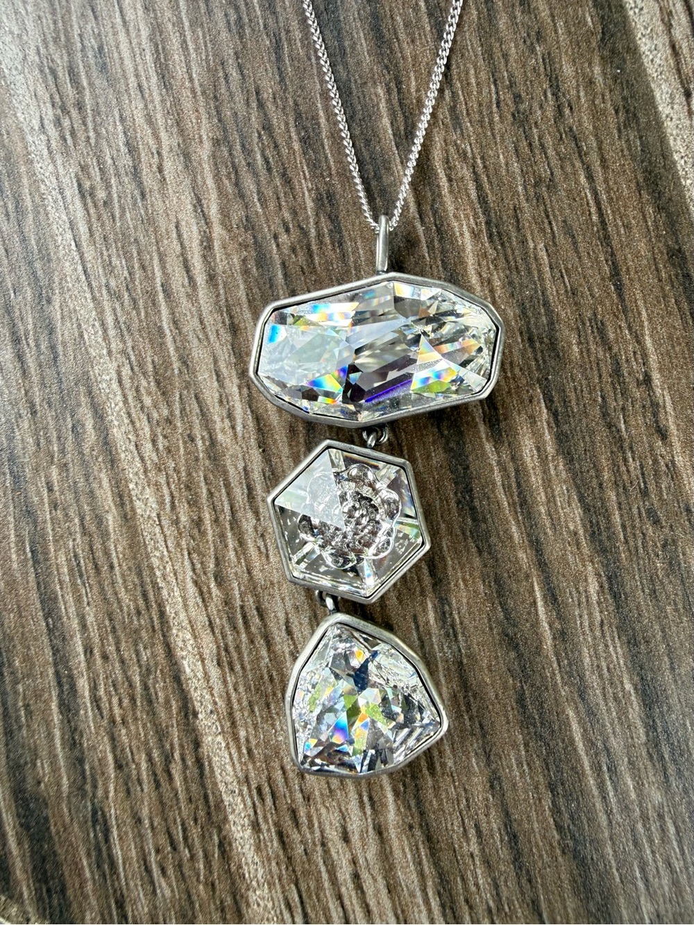Touchstone Crystal Silver-Tone Triple Clear Crystal Drop Necklace